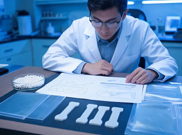 Materials engineer reviewing Aptar polymer data